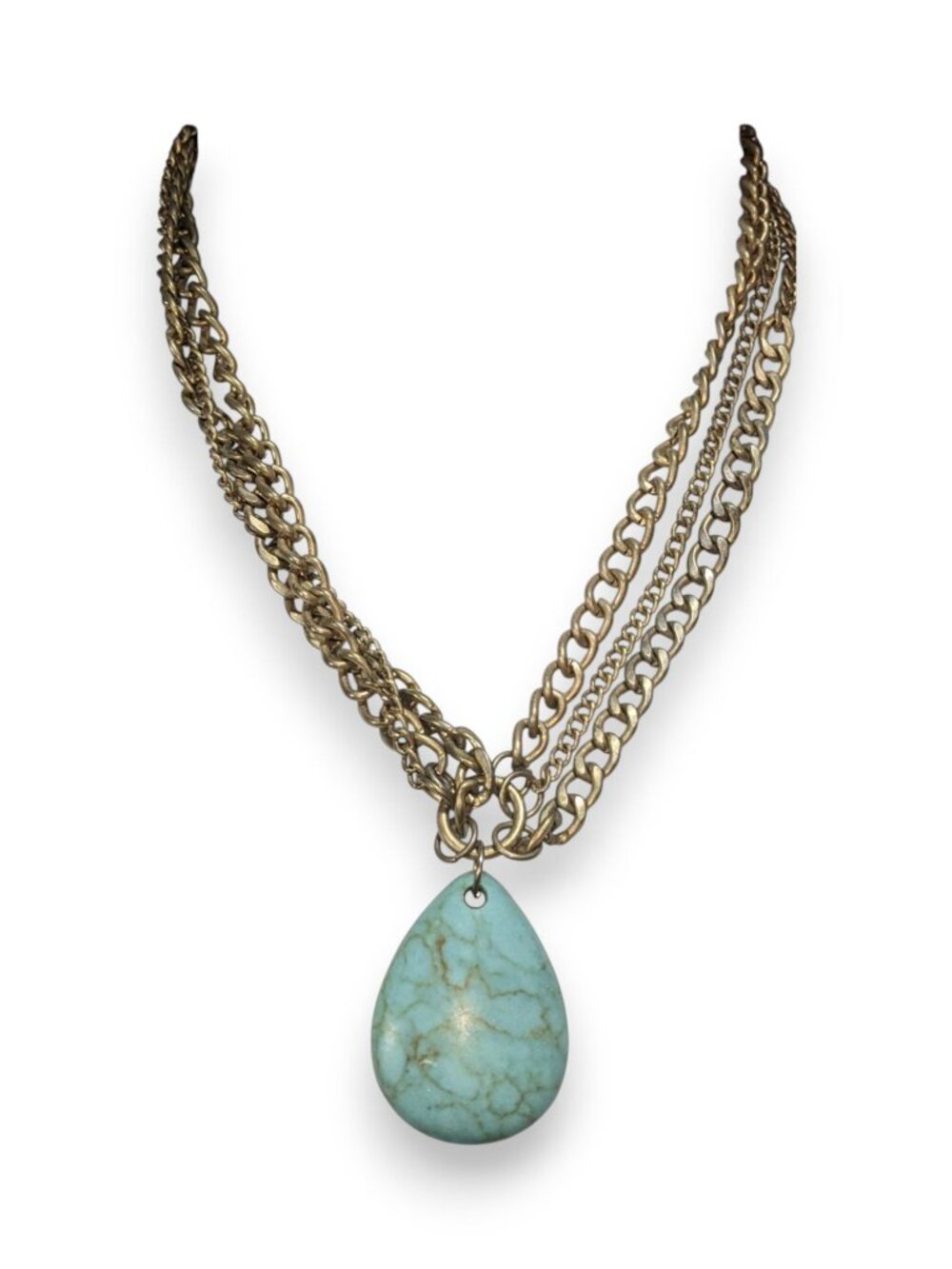 Boho Faux Turquoise Bronze Tone Teardrop Pendant Necklace 17 Inch Preowned